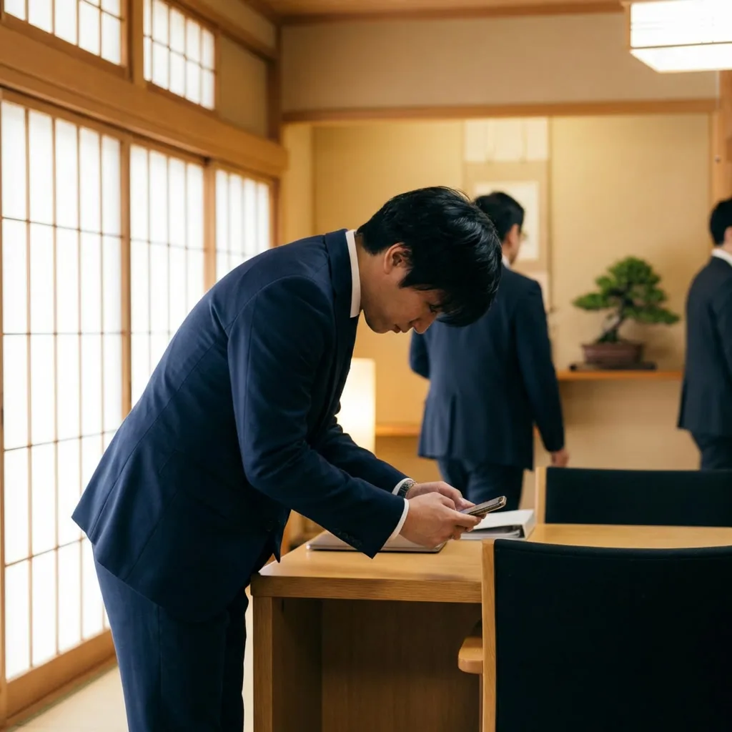 受付で丁寧にお辞儀するビジネスパーソン